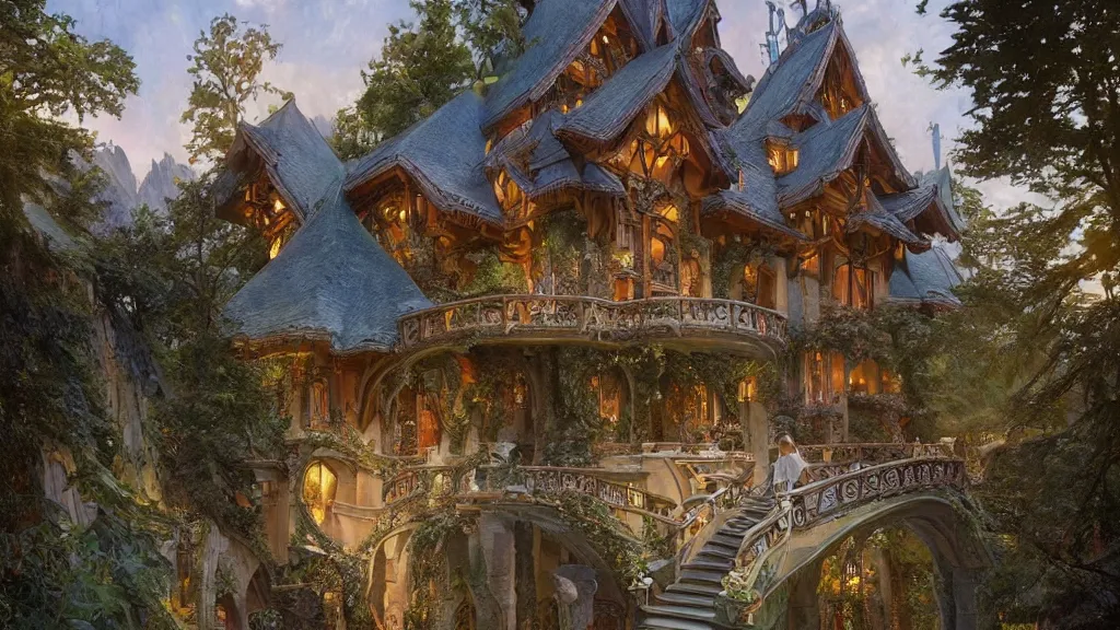 Image similar to a beautiful painting of art nouveau swiss chalet elven rivendell at sunrise, with an elven girl looking out from her balcony, intricate, elegant, highly detailed, digital painting, artstation, concept art, by krenz cushart and artem demura and alphonse mucha