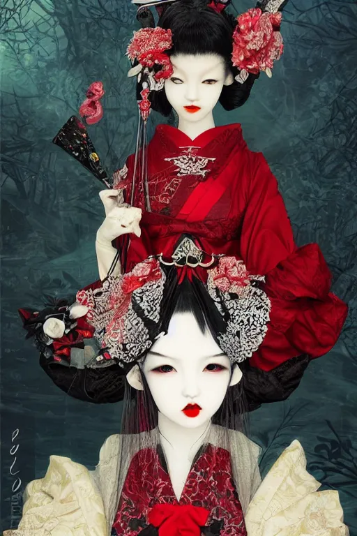 Prompt: japanese bjd geisha vampire queen in victorian red dress in the style of dark - fantasy lolita fashion painted by yoshitaka amano, takato yamamoto, james jean, dmt art, symmetrical vogue face portrait, volumetrics, intricate detail, artstation, cgsociety, artgerm, gold skulls, rococo