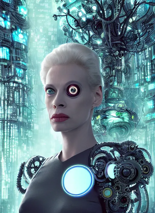 Prompt: 35mm portrait of a 7 of 9 borg with eye implant, on the background of a weird magical mechanical forest. Round gears visible inside her hear. Very detailed 8k. Fantasy cyberpunk horror.