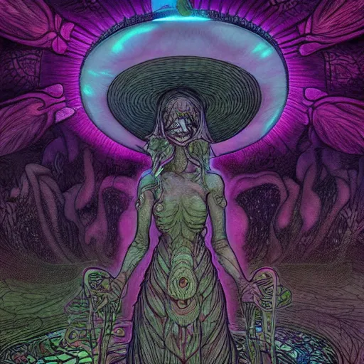 Image similar to psychedelic mushroomfolk cleric casting halo spell , in the style of Greg Broadmore and junji ito and Arthur Rackham and Moebius, trending on artstation, light lighting side view,digital art,surrealism ,macro,blueprint ,vaporwave ,