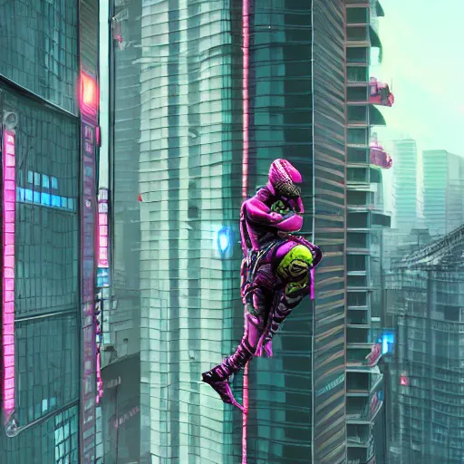 Prompt: cyborg ninja turtle climbing a building in cyberpunk tokio, digital painting, futuristic, pink, unreal engine, highly detailed, 4k