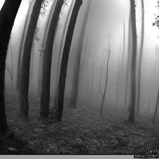 Image similar to yellow dog man creature pointy scary rusty monster trailcam footage, liminal, black and white, foggy, creepypasta, scary, nightmare