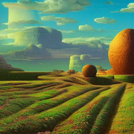 Prompt: beautiful rendered in zbrush ancient painting of a beatiful scenic farm surrounded by holographic Myrtle squares, by Jean Giraud and Zdzisław Beksiński and Chesley Bonestell and James Gurney,