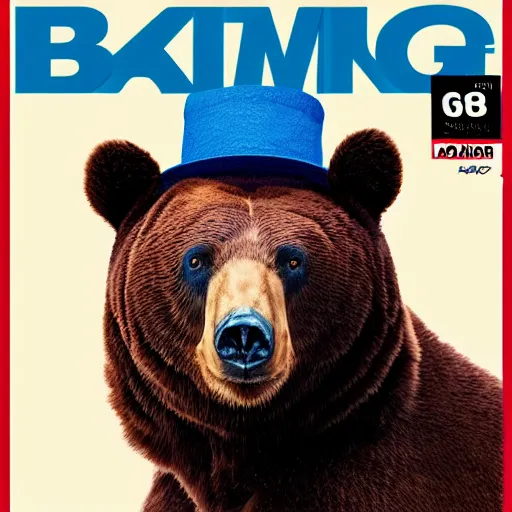 Image similar to magazine cover with bear in a hat. 8k resolution. hyperrealistic