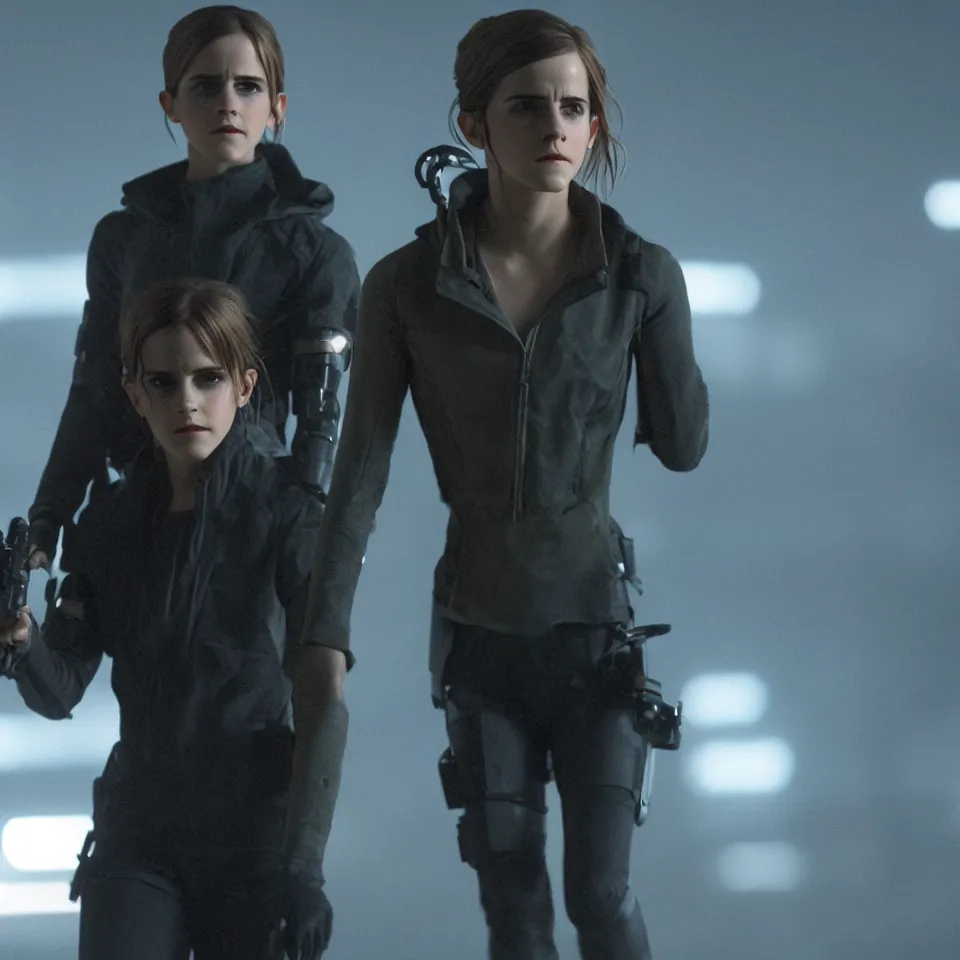 Image similar to Harrowing Emma Watson wearing cyborg gadgets in the style of Blade Runner 2049 (2017). Clear Hands. Clear body. Black Clothes. Rivendel Background. Cinematic. Professional Photo. UHD. 8k. Clear Face.