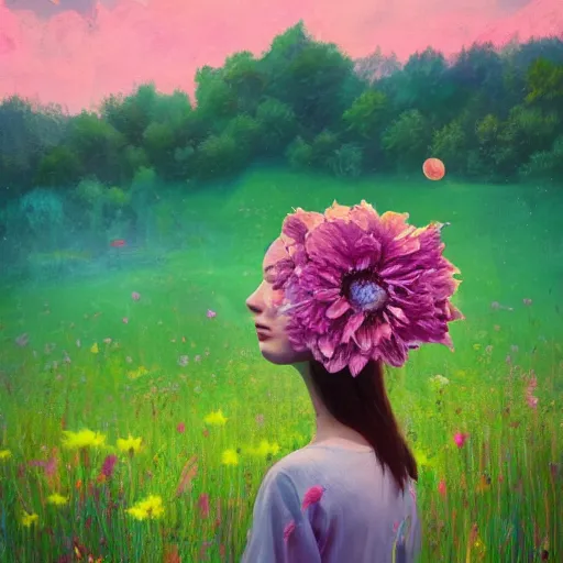 Image similar to girl with an blooming flower face, surreal photography, dream, standing in flower field, magical, in a valley, sunrise dramatic light, impressionist painting, colorful clouds, artstation, simon stalenhag, flower face