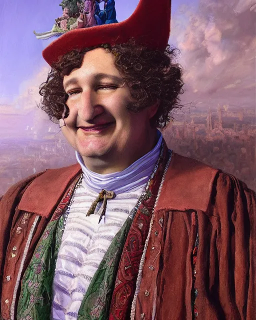 Image similar to closeup portrait of whimsical conniving ted cruz, court jester in renaissance era,, masterpiece, by donato giancola and greg rutkowski and wayne barlow and zdzisław beksinski, high contrast, realistic face