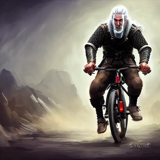 Image similar to geralt riding a bike, digital art, oil painting, trending on artstation