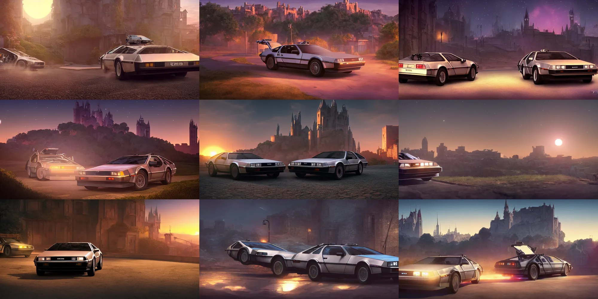 Prompt: animation key shot, a delorean is parked on a hill overlooking a medieval city at night, close up shot, studio ghibli, pixar and disney animation, sharp, rendered unreal engine 5, film key art, greg rutkowski, bloom, dramatic lighting, sunrise