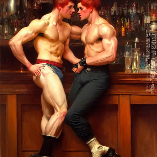 Image similar to attractive muscular male wearing pants with red hair and muscular attractive male wearing pants with black hair, drinking their hearts out, in a pub. very defined and highly detailed painting by j. c. leyendecker, gaston bussiere, craig mullins 8 k