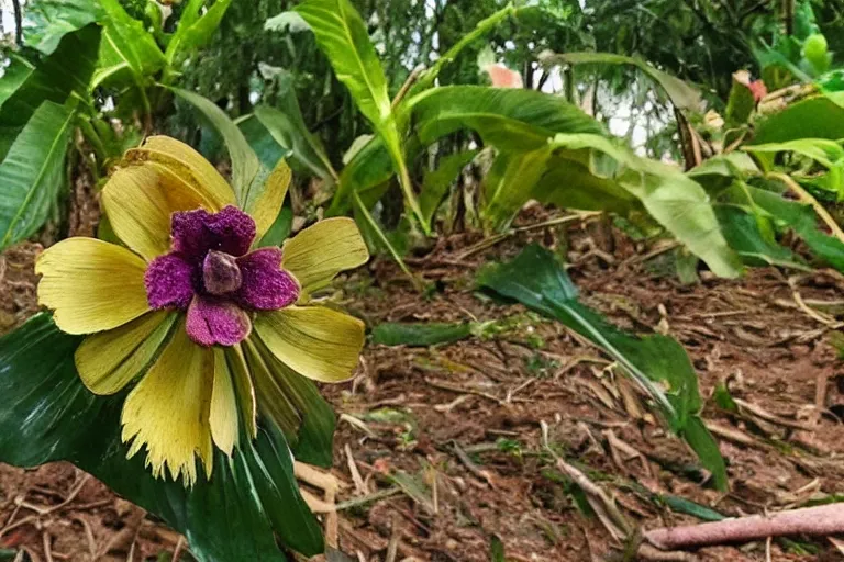 Prompt: a flower made by kia during a sandstrom in a rainforest