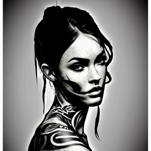 Image similar to tattoo design sketch with double exposure effect, megan fox face blended with beautiful mountain scenery, in the style of matteo pasqualin, amazing detail, mash up