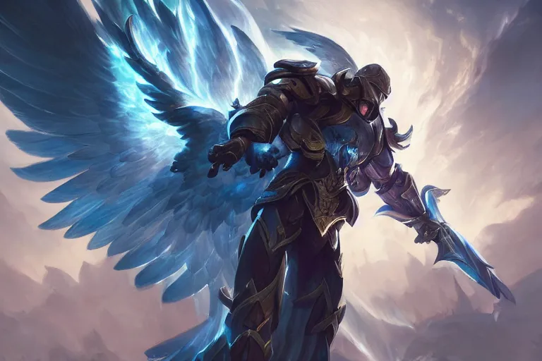 Image similar to amazing portrait of archangel micheal, league of legends splash art, deiv calviz, splash art, natural light, elegant, intricate, fantasy, atmospheric lighting, by greg rutkowski, league of legends splash art, hd wallpaper, ultra high details