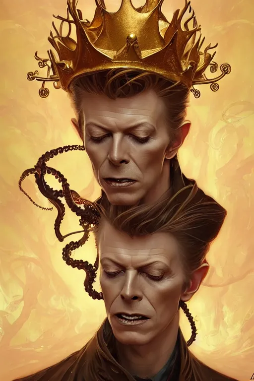 Prompt: David Bowie , a golden crown floating above his head, tentacles coming out the ground art by Artgerm and Greg Rutkowski and Alphonse Mucha and Craig Mullins and James Jean and Andrei Riabovitchev and Marc Simonetti and peter mohrbacher, sharp focus, ominous, cosmic horror, trending on artstation, Ultra detailed, hyper realistic 4k