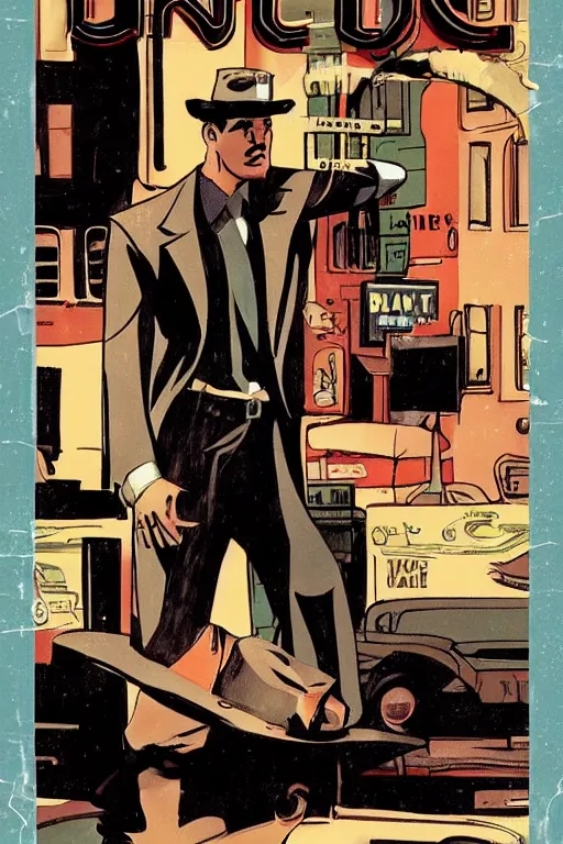 Prompt: Comic book cover depicting a 1930’s Pulp Noir Detective in the style of Phil Noto