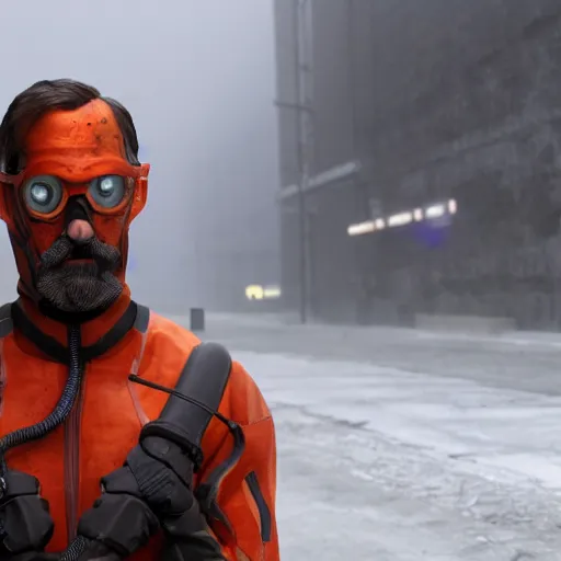 Image similar to Film still of Hugh Laurie dressed up as Gordon Freeman in an HEV Suit holding a crowbar for the Half Life Movie with a dark and foggy background, 4k resolution, 8k resolution, HD Quality, highly detailed, very detailed, detailed, studio quality lighting, digital art, trending on artstation, Dramatic, Dramatic Lighting, Dramatic Angle, Epic, film still