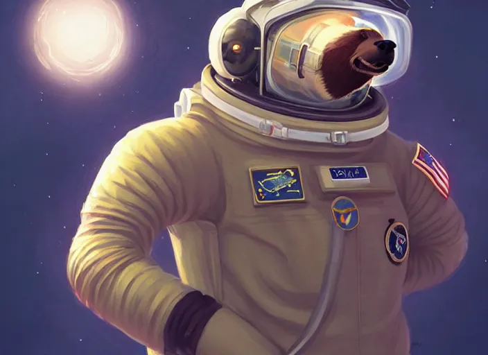 Image similar to character portrait feature of the anthro male anthropomorphic kamchatka brown bear fursona wearing cosmonaut outfit uniform professional pilot astronaut cosmonaut character design stylized by charlie bowater, ross tran, artgerm, and makoto shinkai, detailed, soft lighting, rendered in octane