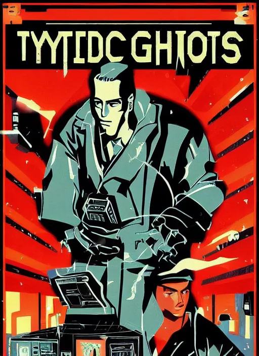 Image similar to retro video game box art for a game about cybernetic ghosts and paranormal noir