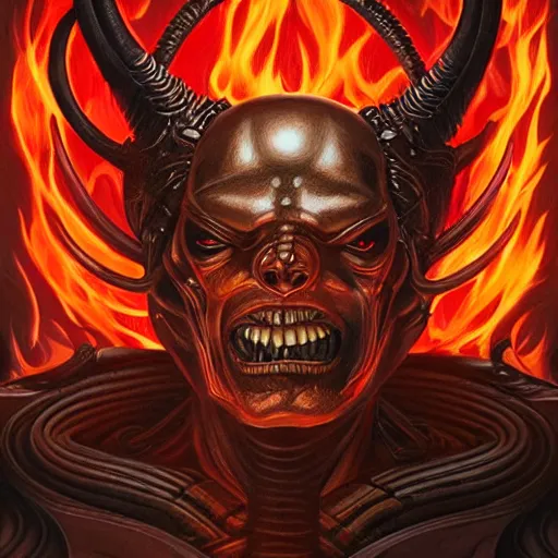 Prompt: doom demon giger portrait, fire and flame, horns, Pixar style, by Tristan Eaton Stanley Artgerm and Tom Bagshaw.