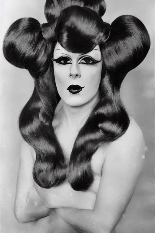 Prompt: 4k art deco portrait of a drag queen (man in drag with shocked surprised expression) wearing: heavy drag makeup, huge long auburn wig styled in oversized pigtails with big pink bows