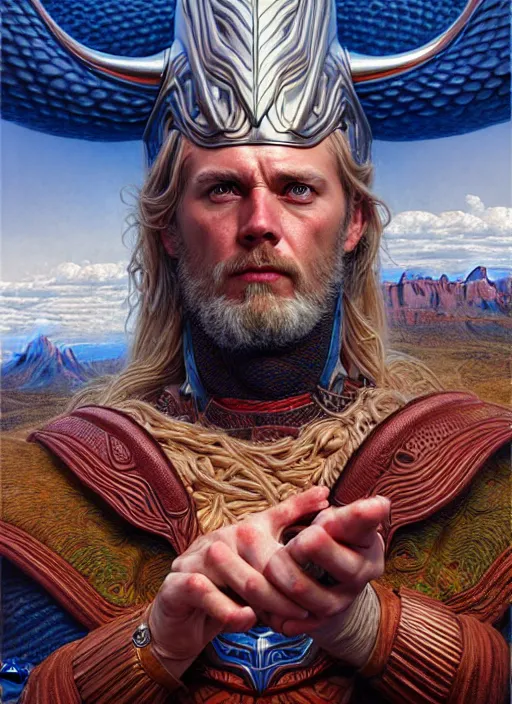 Image similar to portrait of god of thunder, hyper detailed masterpiece, mountain background, jean giraud, digital art painting, epic aesthetic, norse, artgerm, donato giancola and tom bagshaw