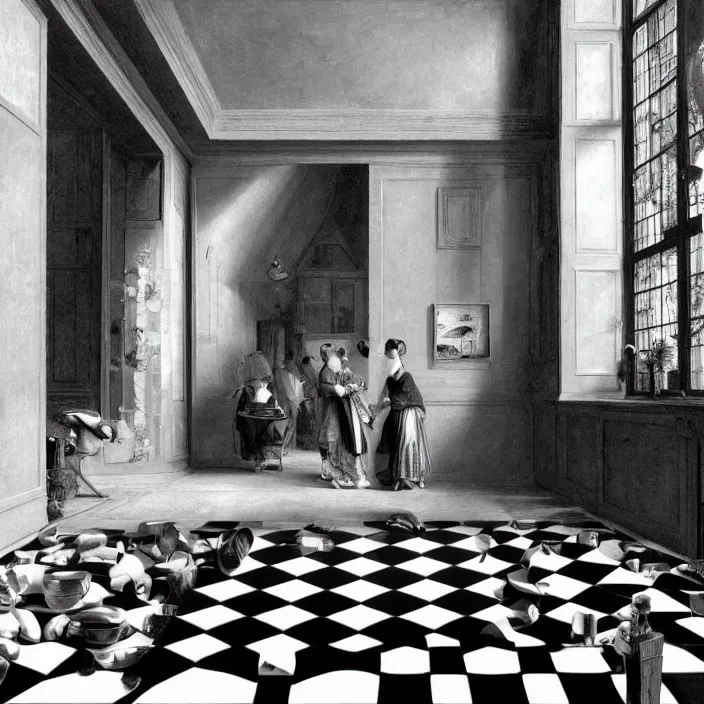 Image similar to pieter de hooch, trending on artstation, highly detailed, black and white checkerboard floor in the middle of the rainforest, intricate, elegant