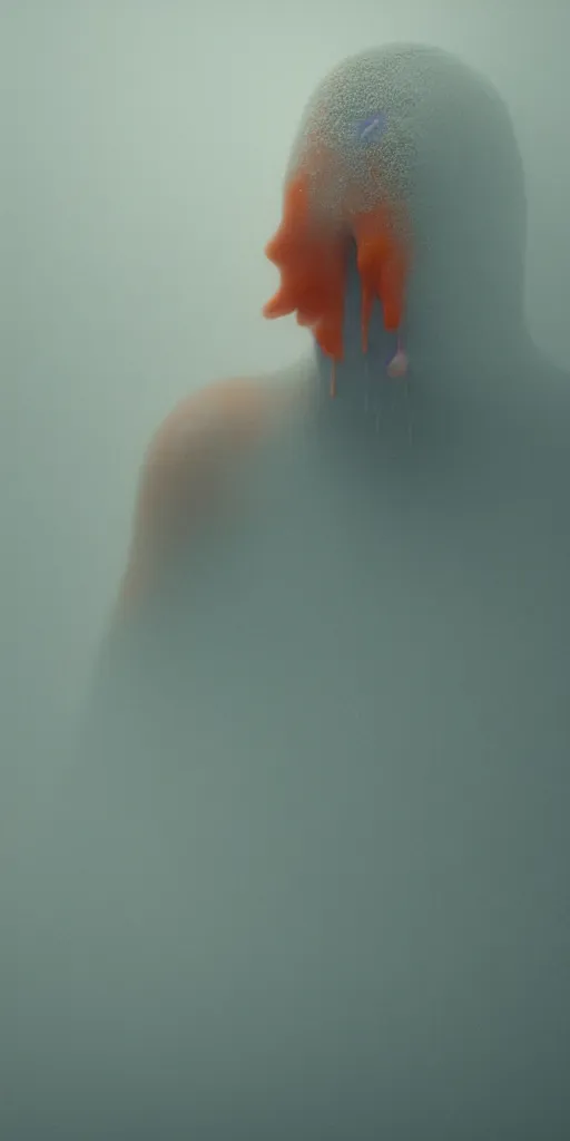 Prompt: a blurry closeup picture, skin, dripping wet, no face, macro photography, long exposure photograph, surrealism, anamorphic bokeh, cozy, soft light, cyan and orange, caustic, atmospheric fog, octane render, cinematic