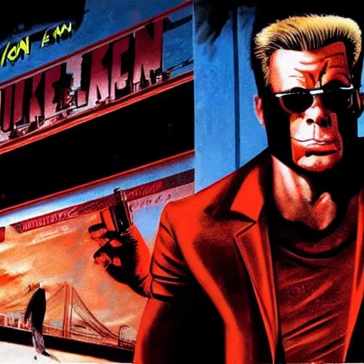 Image similar to Duke Nukem as The American Psycho, staring intensely, Duke Nukem art style, explosive background, cinematic still