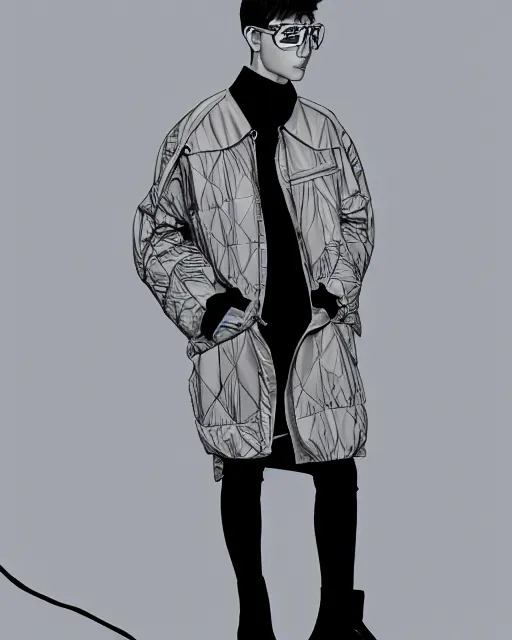 Prompt: fashion tech pack drawing of a male model wearing a baggy menswear moto jacket by issey miyake, 4 k, studio lighting, wide angle lens