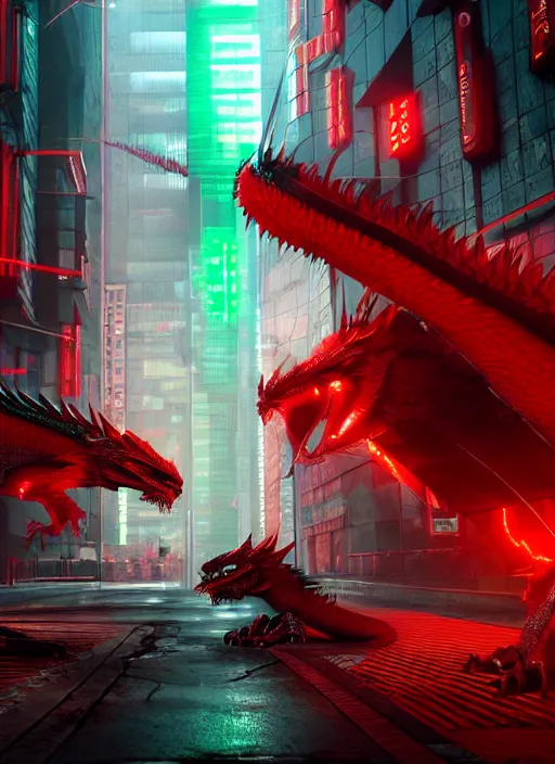 Prompt: red dragon and green dragon in cyberpunk city, ultra detailed, trending on artstation, concept art, octane render, unreal engine,