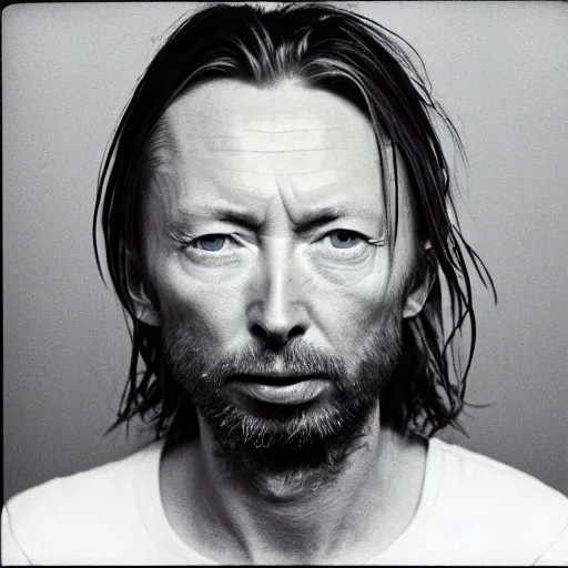 Image similar to Mugshot Portrait of Thom Yorke, taken in the 1970s, photo taken on a 1970s polaroid camera, grainy, real life, hyperrealistic, ultra realistic, realistic, highly detailed, epic, HD quality, 8k resolution, body and headshot, film still, front facing, front view, headshot and bodyshot, detailed face, very detailed face