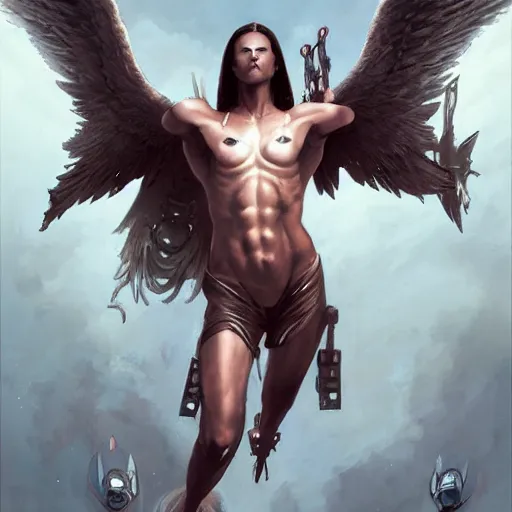 Prompt: androgynous fallen angel with shaved head on one falling through the sky while battling superior larger angels, beautiful, symmetrical, hd, highly detailed, 4 k, artgerm, cyberpunk, art by greg rutkowski