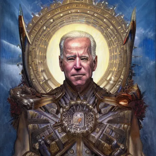 Prompt: mystical portrait of joe biden as cthonic war deity by j. c. leyendecker, bosch, willim blake, jon mcnaughton, and beksinski