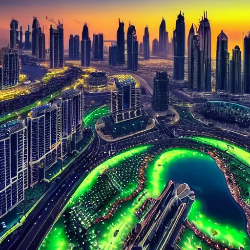 Image similar to dubai, landscape, skyline, vivid, masterpiece, green sun, sunset