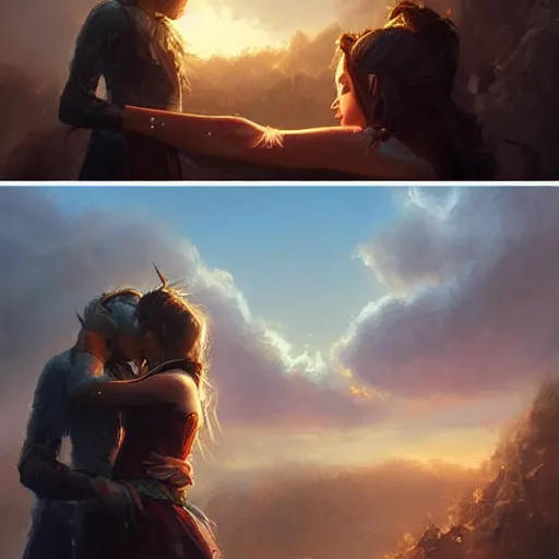 Prompt: a young couple hugging each other at sundown, D&D, fantasy, highly detailed, digital painting, trending on artstation, concept art, sharp focus, illustration, art by artgerm and greg rutkowski and magali villeneuve