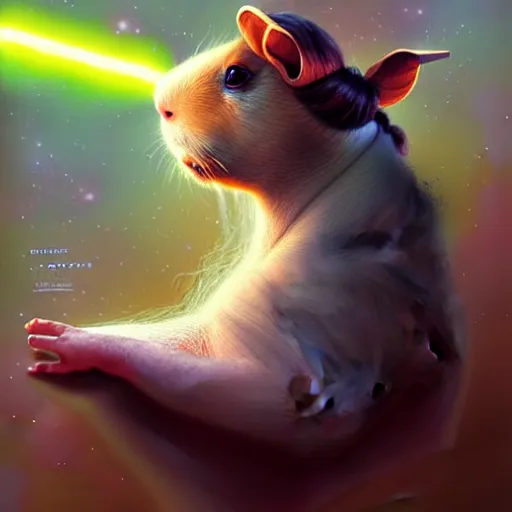 Prompt: cute anthropomorphic guinea pig full as an jedi in a spaceship, body portrait, divine lightning, by greg rutkowski, by charlie bowater