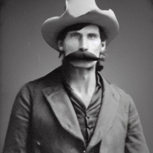 Image similar to A photograph portrait of Jerma985 as a cowboy with a pyramidal mustache in the late 1800s, taken in the late 1800s, 1870s, grainy, taken on a Field View Camera, realistic, hyperrealistic, very realistic, highly detailed, very detailed, extremely detailed, detailed, digital art, trending on artstation