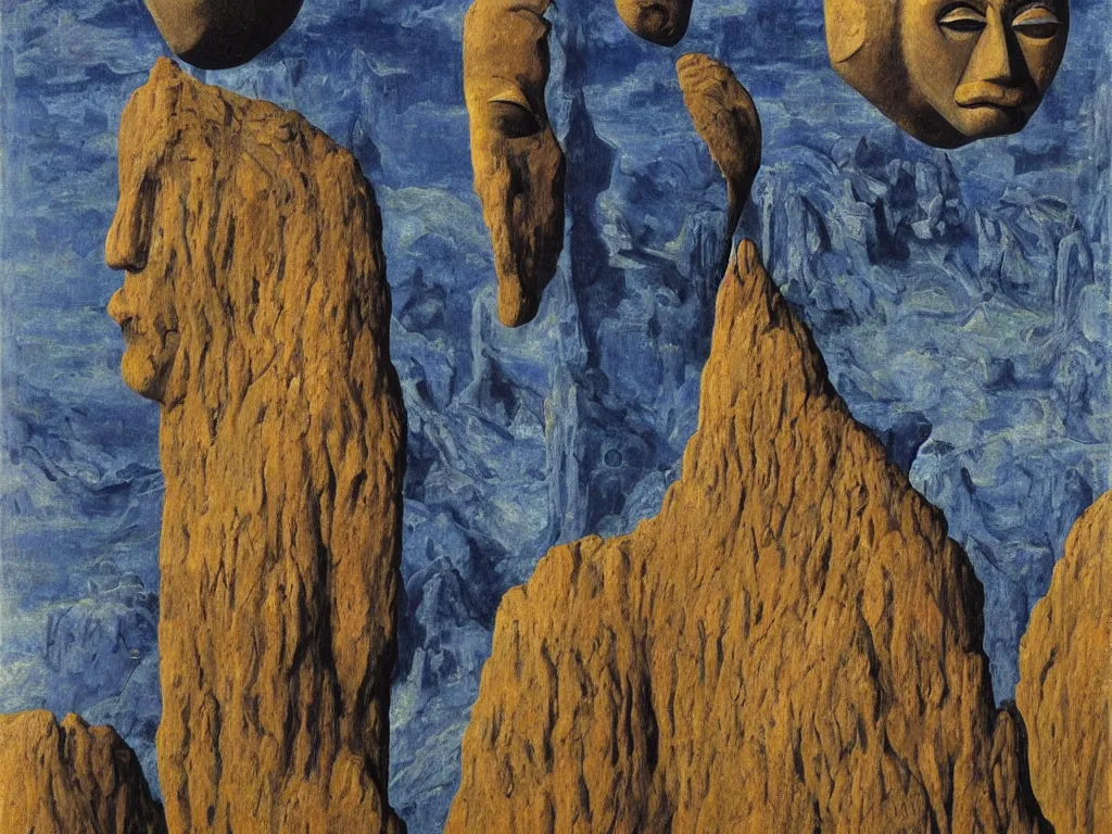 Prompt: African god mask, sculpture, giant, blue eyed, looking from the needle. Boulders of marbled rocks. Painting by Rene Magritte, Jean Delville, Max Ernst, Maria Sybilla Merian, Alfred Kubin