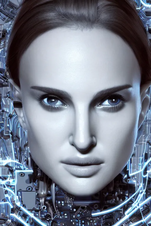 Image similar to close up headshot of Natalie Portman as a female android, intricately detailed mechanical parts, complicated circuits and wires, beautiful gazing symmetric blues eyes, unreal engine, path tracing, 8k, artstation