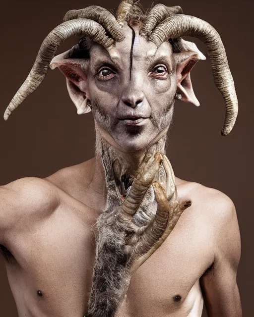 Image similar to Mauricio Macri in Elaborate Pan Satyr Goat Man Makeup and prosthetics designed by Rick Baker, Hyperreal, Head Shots Photographed in the Style of Annie Leibovitz, Studio Lighting