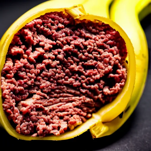 Image similar to a stock photo of ground beef inside a banana peel, product photography, low aperature, award winning