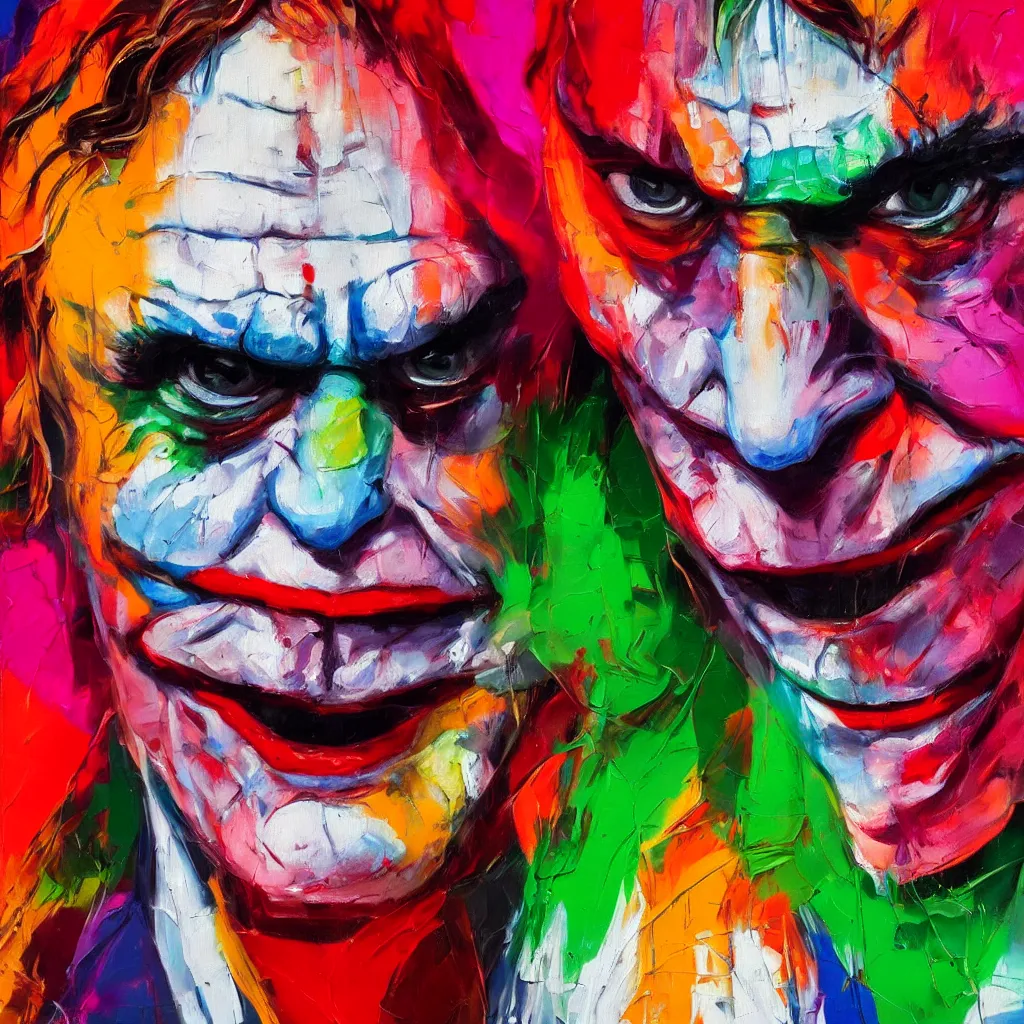 Prompt: a vibrant oil painting close up of joaquin phoenix as the joker by francoise nielly, trending on artstation : 3