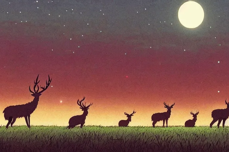 Prompt: a still from a studio ghibli film of a group of deer watching giant ufo from princess mononoke ( 2 0 0 4 ) at night on a desert road, full body, wide shot, very muted colors, post grunge, studio ghibli, laurie greasley, highly detailed, deviantart, art by artgem