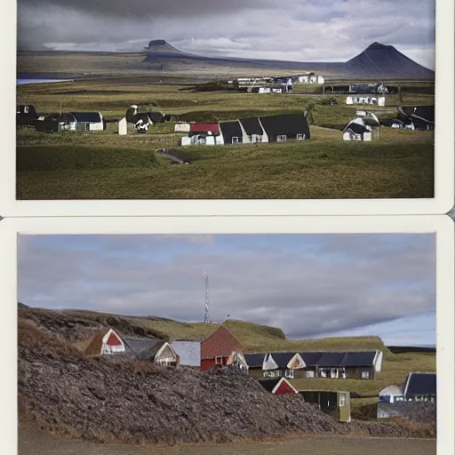 Prompt: a small icelandic village in the 1 5 0 0 s, wide shot, polaroid