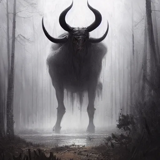 Prompt: a creepy atmospheric painting of a slender minotaur creature emerging from the mist. painting by greg rutkowski.