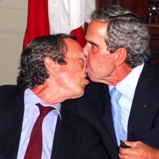 Prompt: nestor kirchner having a deep long sloppy kiss with george bush