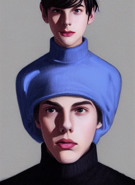 Image similar to portrait of teenage jughead jones wearing a light grey crown, crown, blue turtleneck, 1 9 5 0 s, closed eyes, photorealistic, black hair, glowing lighting, intricate, elegant, glowing lights, highly detailed, digital painting, artstation, concept art, smooth, sharp focus, illustration, art by wlop, mars ravelo and greg rutkowski