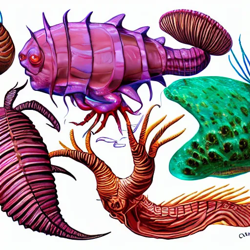 Image similar to concept art painting of cambrian sea creatures, detailed, cel shaded