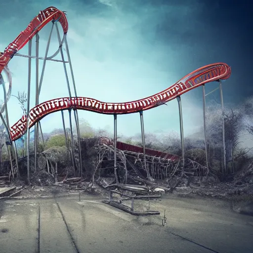 Prompt: photo of a roller coaster with a apocalyse theme