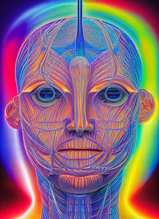 Image similar to humankind transcendence into collaborative intelligence, group intelligence, ai, by alex grey, album cover, award winning, beautiful, colorful, volumetric lighting, trending on artstation